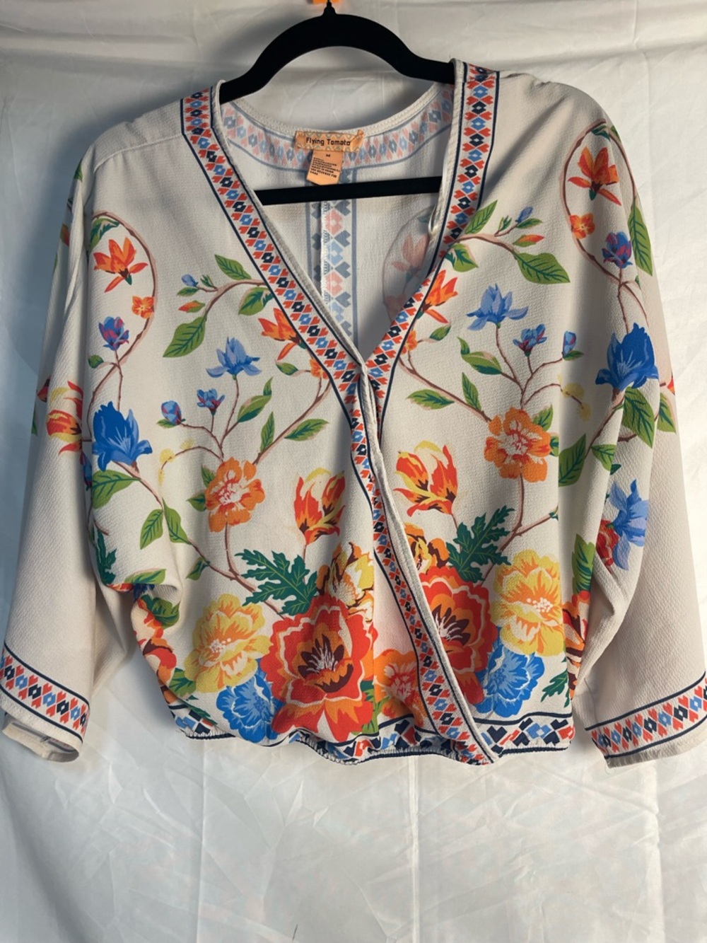 Flying Tomato Boho Floral Wrap Top Kimono Sleeve Medium